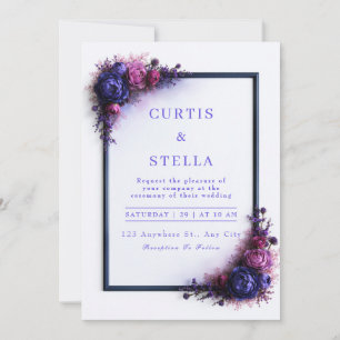 Convite Índigo Magenta Esquina Floral Quadro Casamento