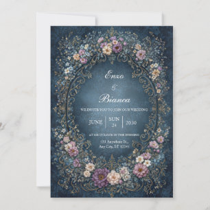 Convite Índigo Manchado Oval Ornado Real Casamento