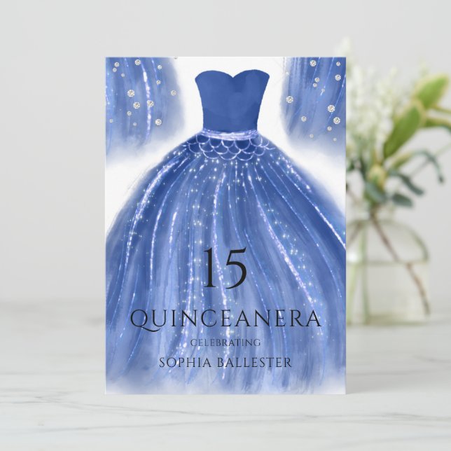 Convite Indigo Marinho Azul Sereia Quinceanera (Em pé/Frente)