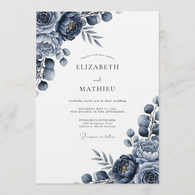 Convite Indigo Moody Floral Wedding (Frente)