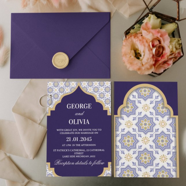 Convite Indigo Moroccan Tile Wedding (Criador carregado)