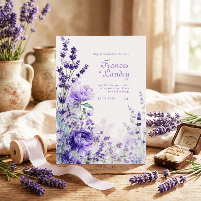 Convite Índigo Roxo Aquarela Rosa Lavanda Florir (Criador carregado)