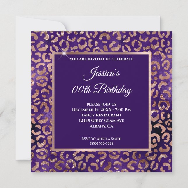 Convite Índigo Roxo e Rosa Dourado Leopardo Foil Aniversár (Frente)