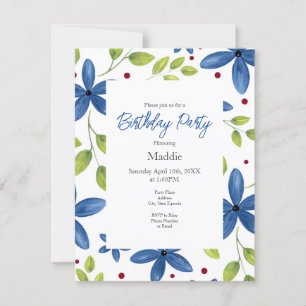 Convite Indigo Watercolor Floral Bouqet Pattern