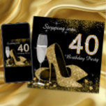 Convite Indo Para A Festa de aniversário 40<br><div class="desc">Belo preto e ouro entrando em 40 convites de aniversário com vidro de champanhe elegante, e calçados de salto alto de ouro. Você pode personalizar facilmente este elegante convite de aniversário preto e dourado entrando em 40 para o seu evento simplesmente adicionando seus detalhes no estilo de fonte e na...</div>