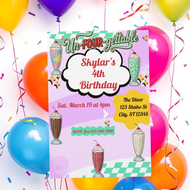 Convite Inesquecível, Milkshake Retro Aniversário de 4 ano (Criador carregado)