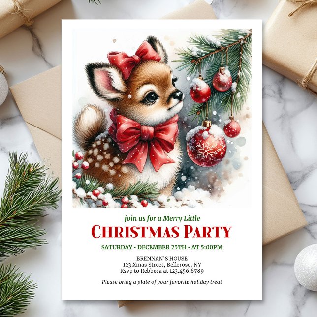 Convite infantil de Natal em aquarela com cervo be (Serene baby deer watercolor Christmas kids invite editable)