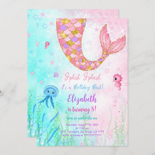 Convite Infantil de Sereia (Frente/Verso)