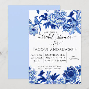 Convite Influência Asiática Azul Azul Floral 3 Chá de p