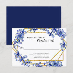 Convite Influência Asiática RSVP Azul Marinho Floral Chino