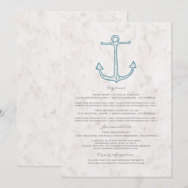 Convite Informações de Casamento Âncora Azul Real Rústico (Frente/Verso)