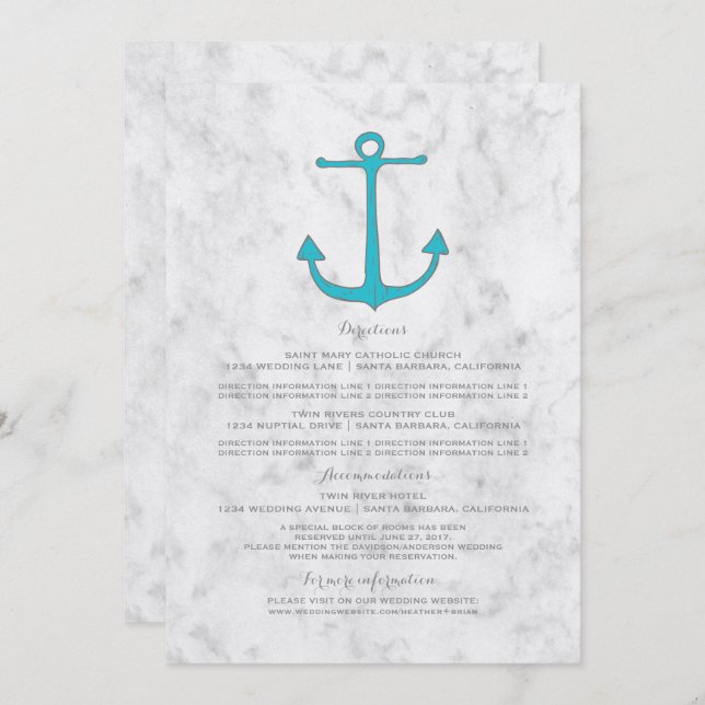 Convite Informações de Casamento Âncora Rústica Turquesa (Frente/Verso)