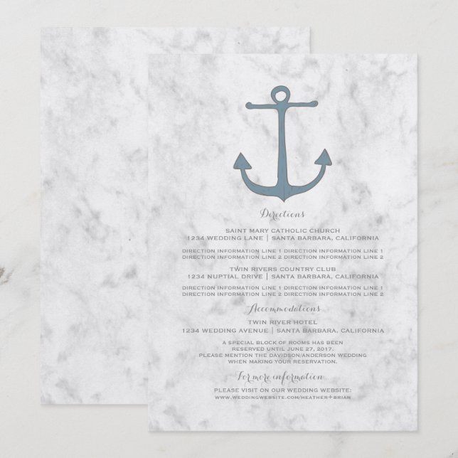 Convite Informações de Casamento com Âncora Rústica Azul (Frente/Verso)