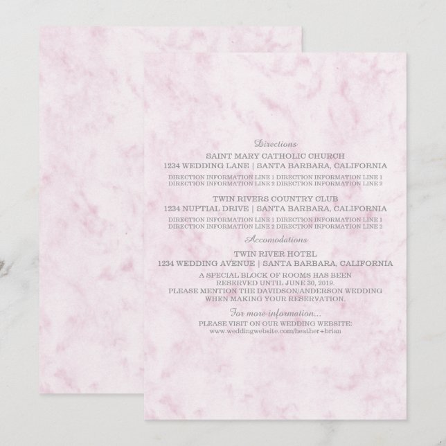 Convite Informações de Casamento em Mármore Rosa Elegante (Frente/Verso)