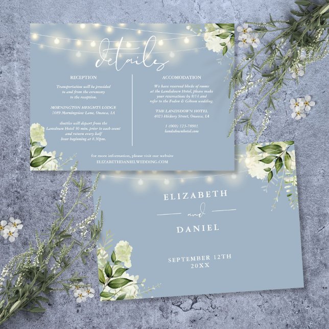 Convite Informações de Detalhes de Casamento com Verde e A (Dusty Blue Greenery Wedding Details Information Invitation)