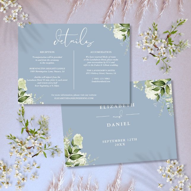 Convite Informações Detalhadas sobre Casamentos de Dusty B (Dusty Blue Greenery Wedding Details Information Invitation)