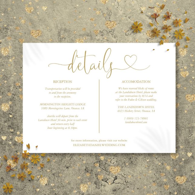 Convite Informações Elegantes do Script Coração de Ouro em (Elegant Gold Heart Script Wedding Details Card)