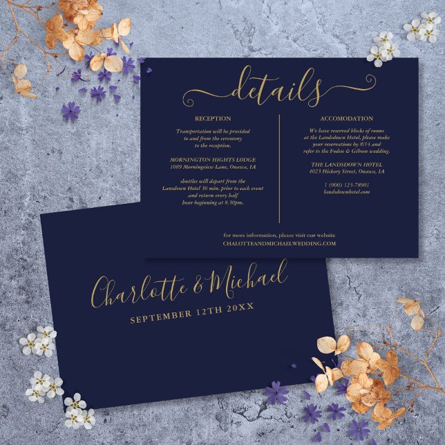 Convite Informações Sobre Detalhes De Casamento Azul E Dou (Navy Blue And Gold Wedding Details Information Invitation)