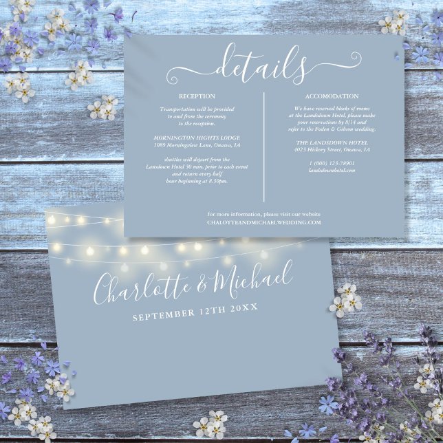 Convite Informações sobre Detalhes do Casamento Azul com L (String Lights Dusty Blue Wedding Details Info Invitation)