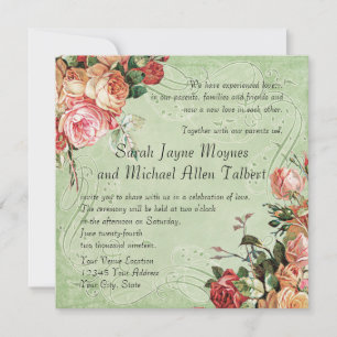 Convite Inglês Rose Bouquet, Vintage n Modern Swirl Leaf