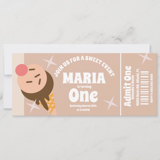 Convite Ingresso de Aniversário da Groovy Ice Cream Party (Frente)