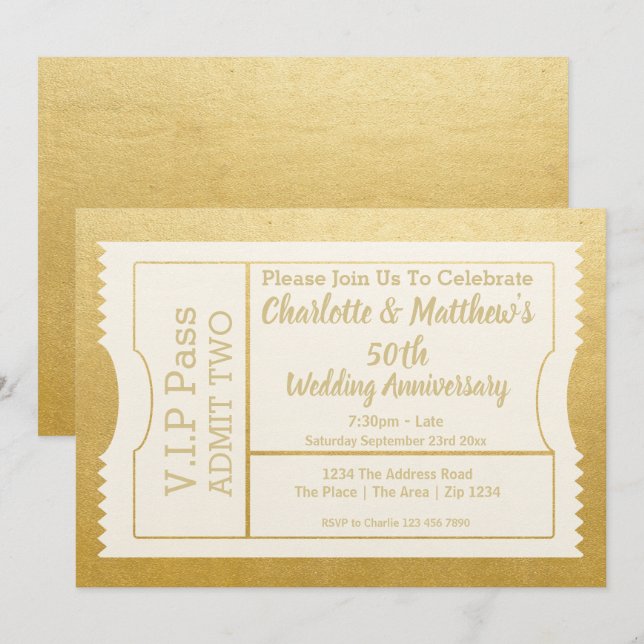 Convite Ingresso de Aniversário de 50 anos VIP Pass Falso  (Frente/Verso)