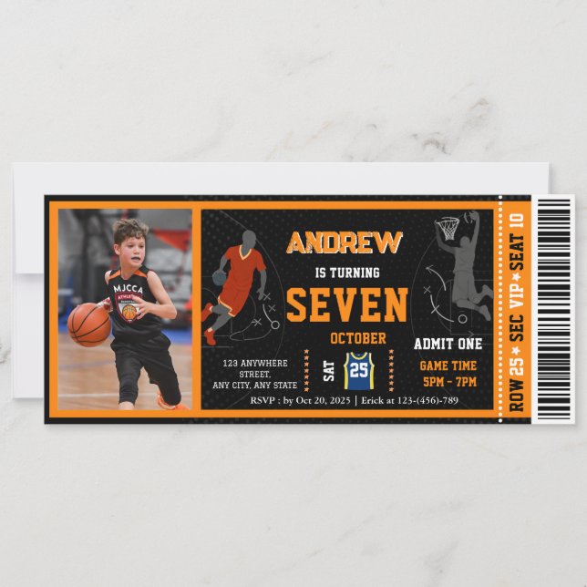 Convite Ingresso de Aniversário de Basquete Pessoal com fo (Frente)