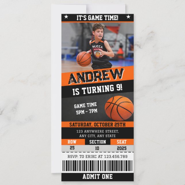Convite Ingresso de Aniversário de Basquete Pessoal com Im (Frente)