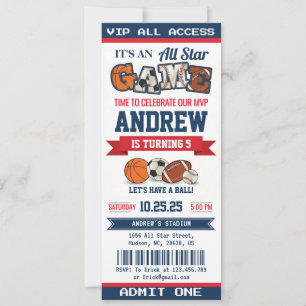 Convite Ingresso de Aniversário Esportivo All Star Pessoal