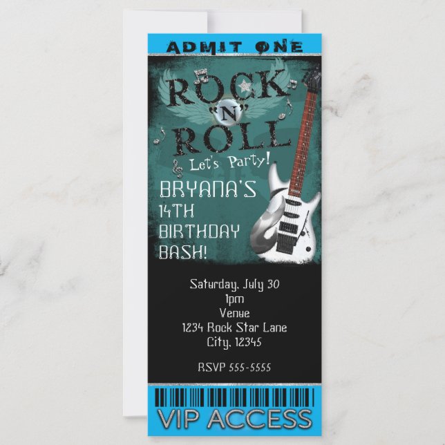 Convite Ingresso de Aniversário VIP de Glam Rock N Roll St (Frente)