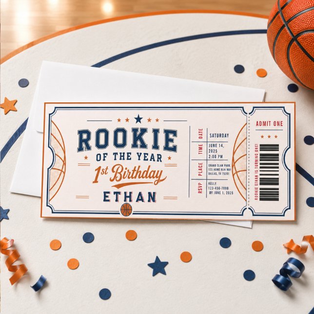 Convite Ingresso de Basquete do Novato do Ano  1º Aniversá (Rookie of the Year Basketball Ticket 1st Birthday Invitation
)