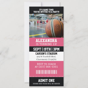 Convite Ingresso de Basquete Rosa Festa de Aniversário
