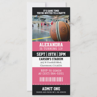 Convite Ingresso de Basquete Rosa Festa de Aniversário