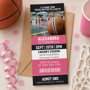Convite Ingresso de Basquete Rosa Festa de Aniversário