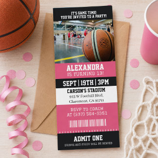 Convite Ingresso de Basquete Rosa Festa de Aniversário