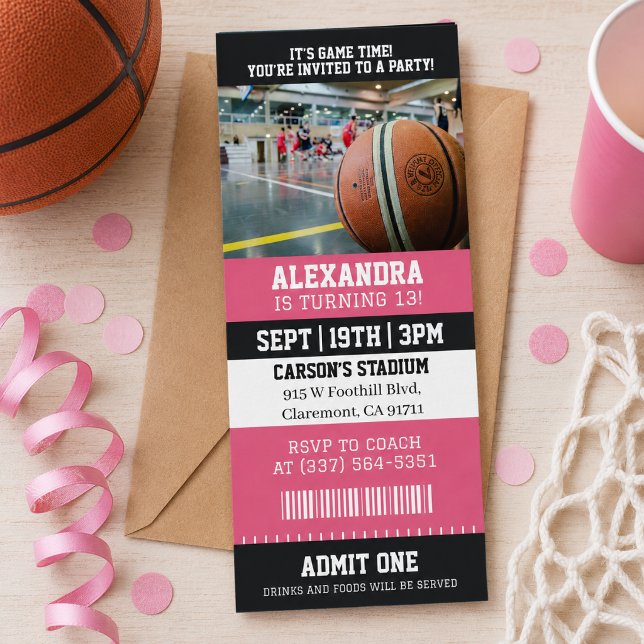 Convite Ingresso de Basquete Rosa Festa de Aniversário (Criador carregado)