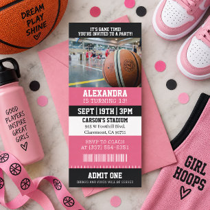 Convite Ingresso de Basquete Rosa Festa de Aniversário