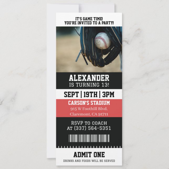 Convite Ingresso de Beisebol de Aniversário (Frente)