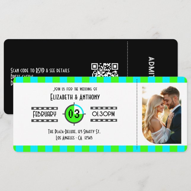 Convite Ingresso de Cinema Azul Elétrico, Verde Neon e Pre (Frente/Verso)
