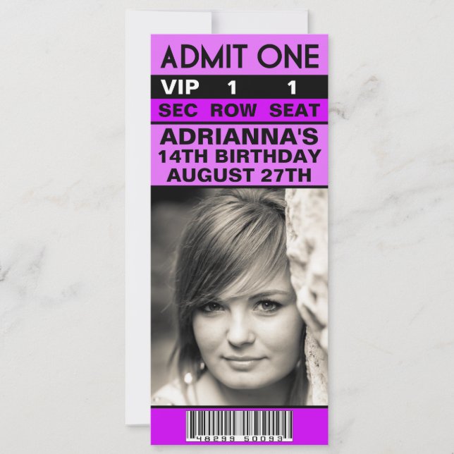Convite Ingresso de Foto VIP Roxo de Orquídea para Festa d (Frente)