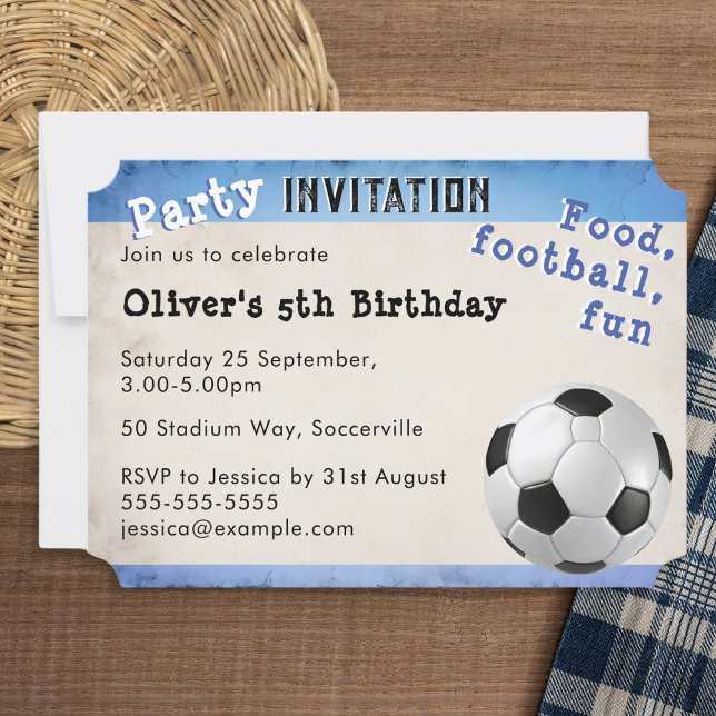 Convite Ingresso de Futebol Retrô Bola de Futebol Esporte  (A fun customisable birthday party invitation with a retro football (soccer) theme)