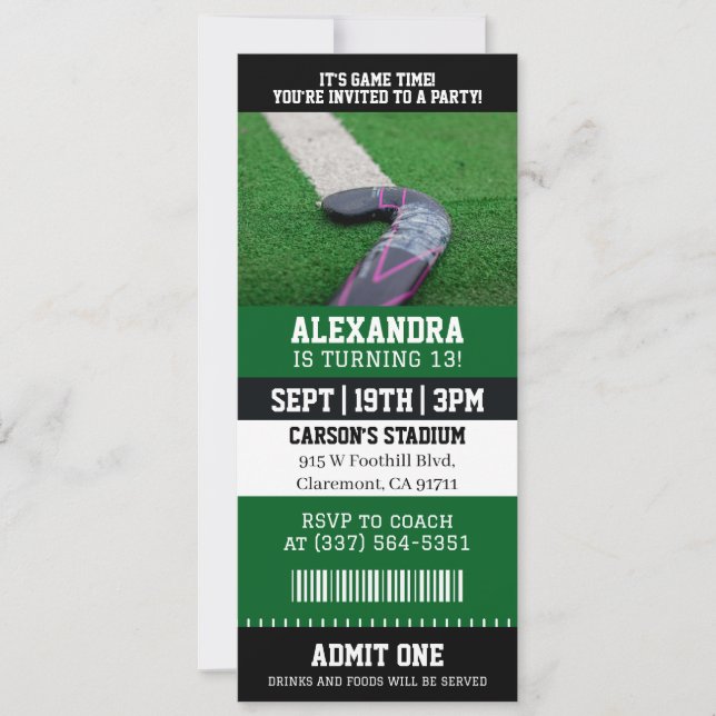 Convite Ingresso de Hóquei de Campo de Aniversário (Frente)