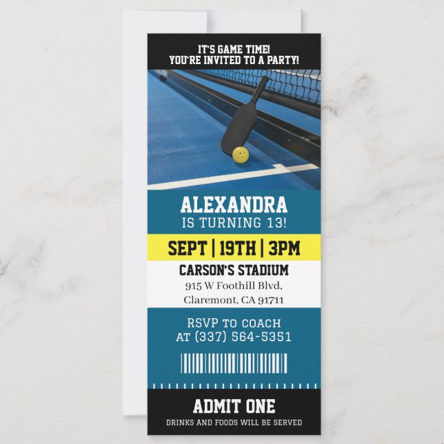 Convite Ingresso de Pickleball de Aniversário (Frente)