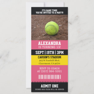 Convite Ingresso de Softbol Rosa Festa de Aniversário