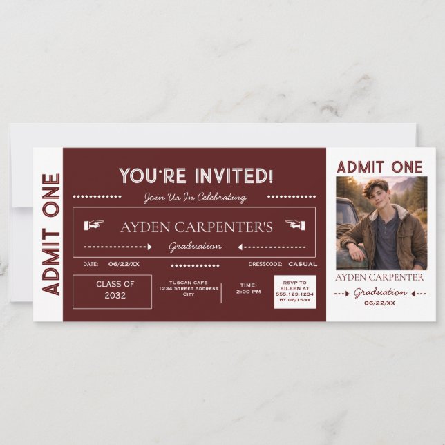 Convite Ingresso Falso de Formatura Maroon & White | (Frente)