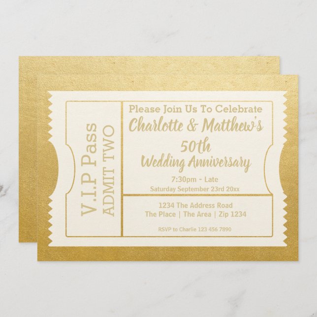 Convite Ingresso Faux Gold VIP Pass 50º Aniversário (Frente/Verso)