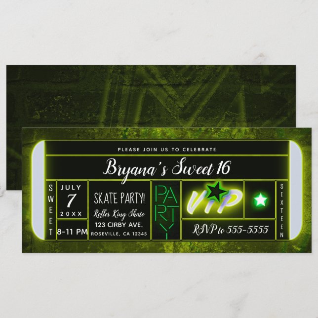Convite Ingresso para Festa de Aniversário com Luz Verde e (Frente/Verso)