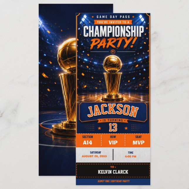 Convite Ingresso para Festa de Aniversário de Basquete (Frente/Verso)