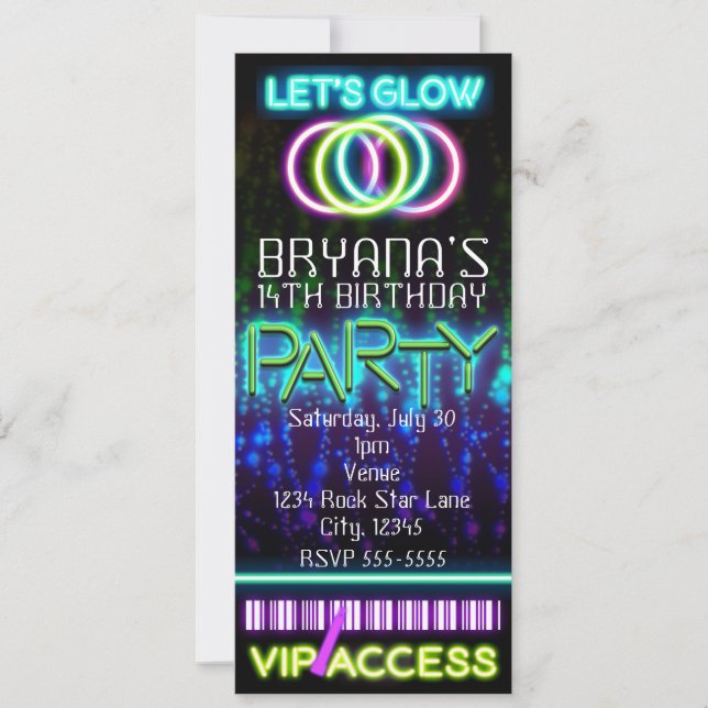 Convite Ingresso para Festa de Aniversário VIP Neon com Br (Frente)