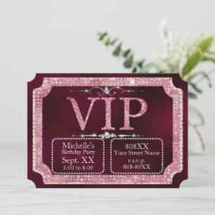 Convite Ingresso VIP Burgundy Brilhante com Diamantes Rosa